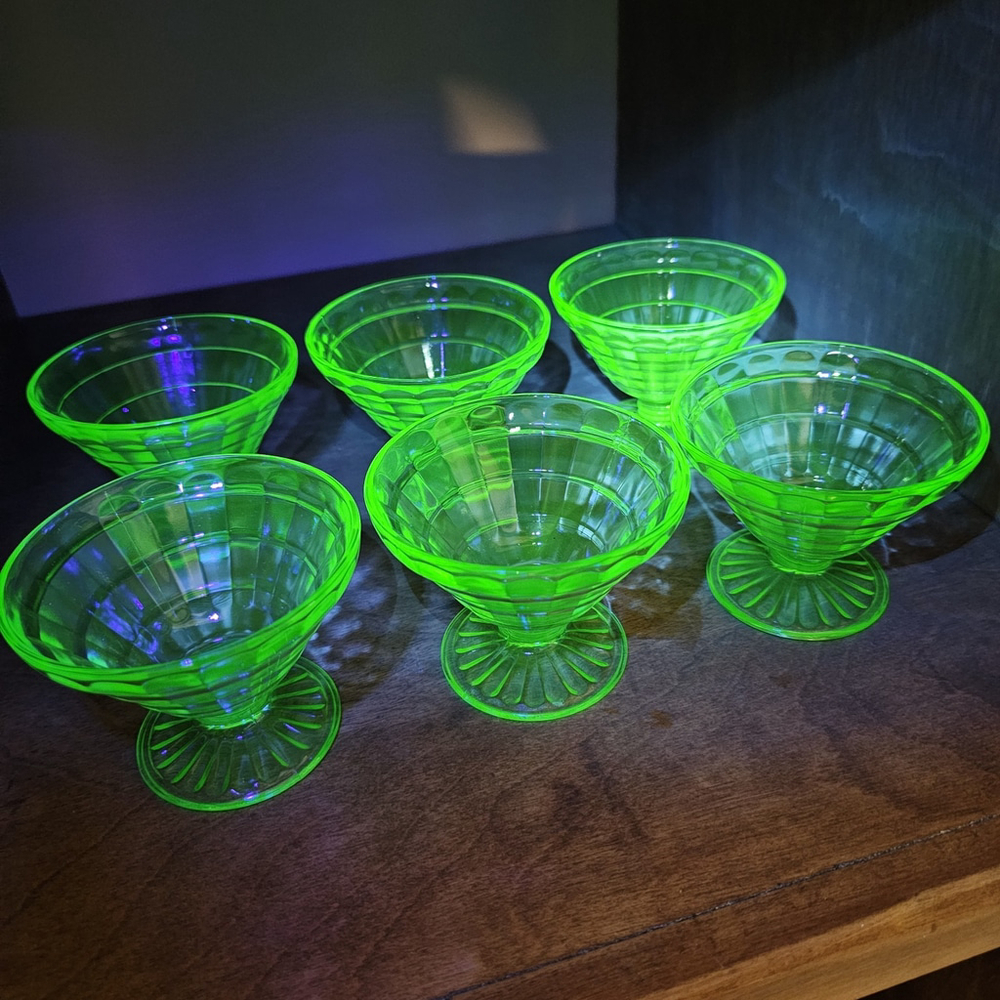 6pc Set 1930s Depression Glass Green Colonial OPTIC Footed Sherbet Dish WOW!
